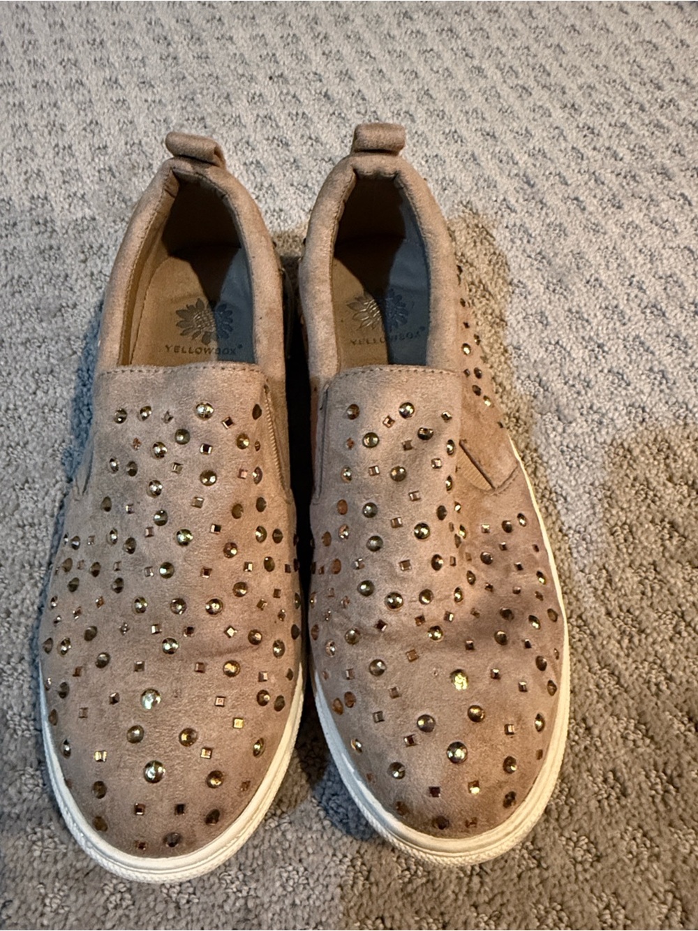 Yellow Box Taupe Suede Slip-On Sneakers with Gold Studs